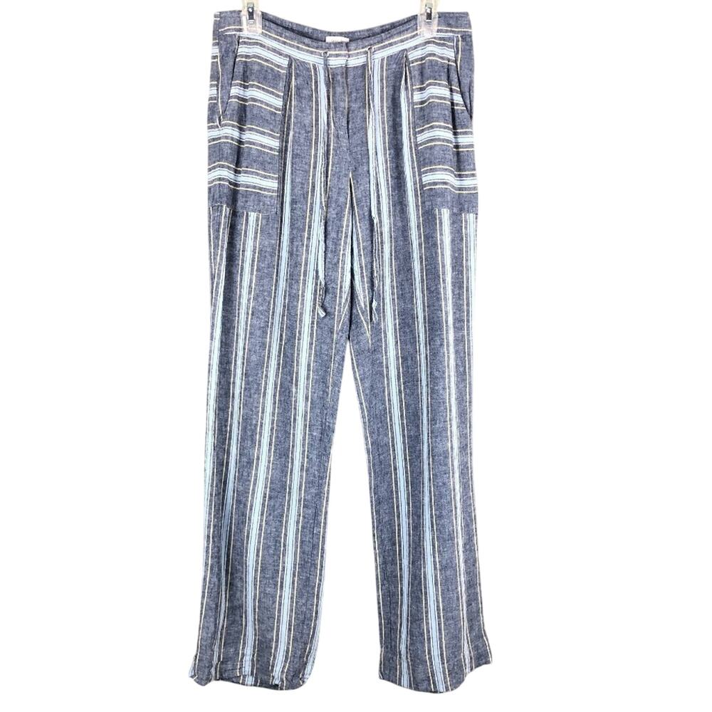 Laundry By Shelli Segal Midnight Blue Yellow Stripe Linen Blend Wide Leg Pants